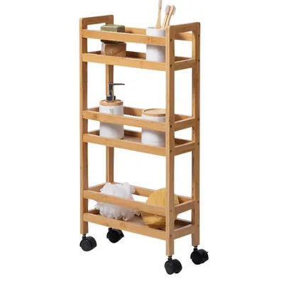 עגלת שירות 3 קומות עם גלגלים מבמבוק